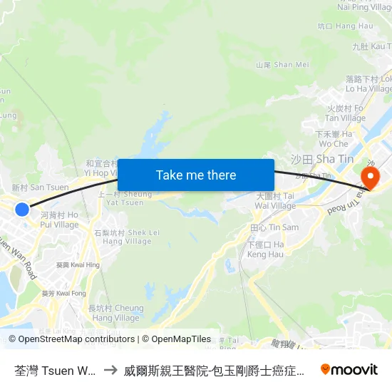 荃灣 Tsuen Wan to 威爾斯親王醫院-包玉剛爵士癌症中心 map
