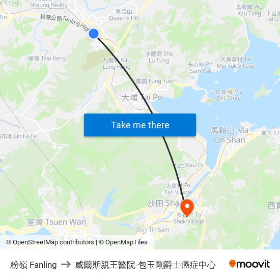 粉嶺 Fanling to 威爾斯親王醫院-包玉剛爵士癌症中心 map
