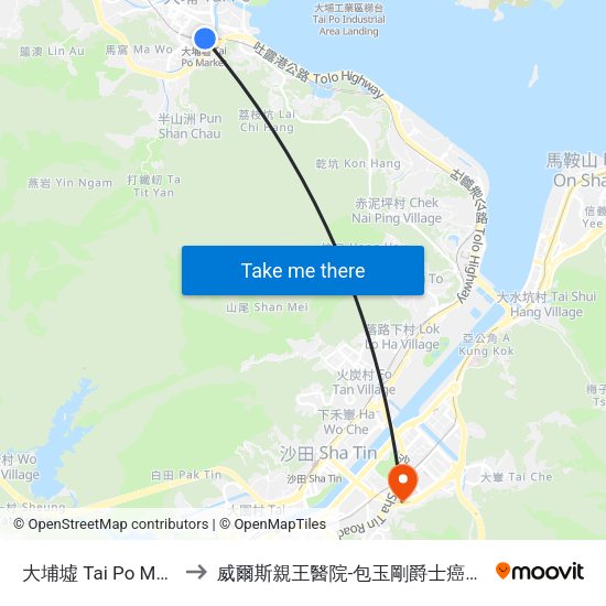 大埔墟 Tai Po Market to 威爾斯親王醫院-包玉剛爵士癌症中心 map