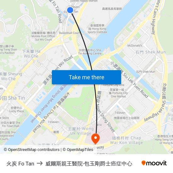 火炭 Fo Tan to 威爾斯親王醫院-包玉剛爵士癌症中心 map
