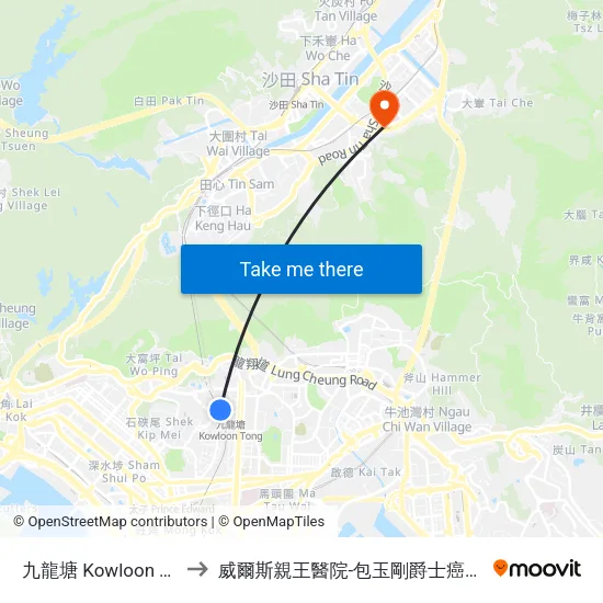 九龍塘 Kowloon Tong to 威爾斯親王醫院-包玉剛爵士癌症中心 map
