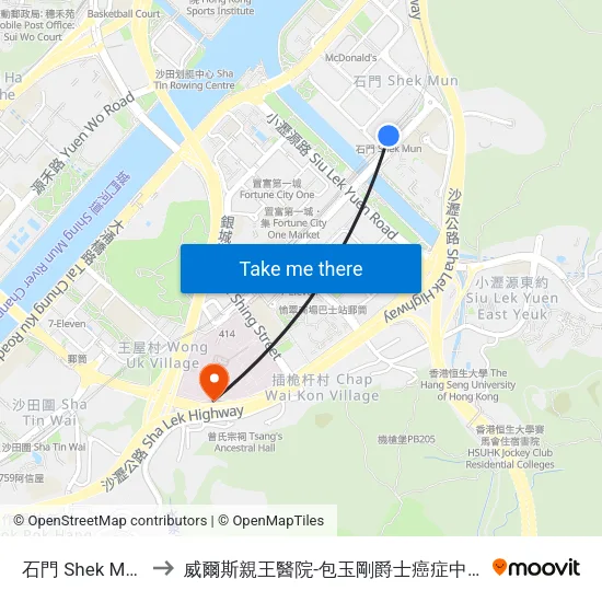 石門 Shek Mun to 威爾斯親王醫院-包玉剛爵士癌症中心 map