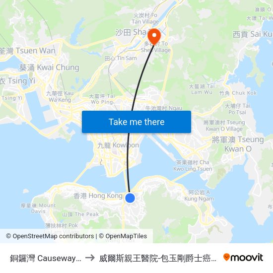 銅鑼灣 Causeway Bay to 威爾斯親王醫院-包玉剛爵士癌症中心 map