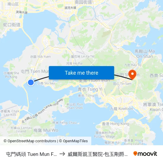 屯門碼頭 Tuen Mun Ferry Pier to 威爾斯親王醫院-包玉剛爵士癌症中心 map