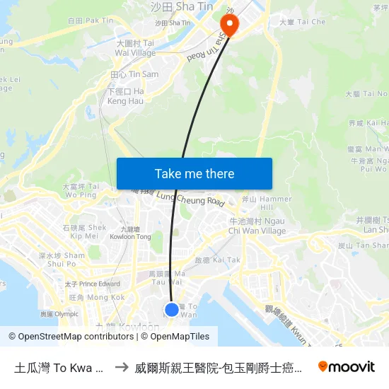 土瓜灣 To Kwa Wan to 威爾斯親王醫院-包玉剛爵士癌症中心 map