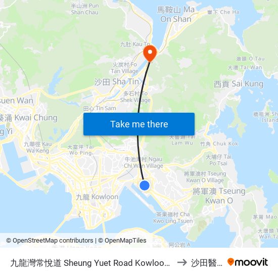 九龍灣常悅道 Sheung Yuet Road Kowloon Bay to 沙田醫院 map