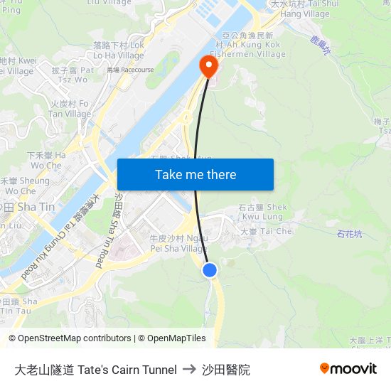 大老山隧道 Tate's Cairn Tunnel to 沙田醫院 map