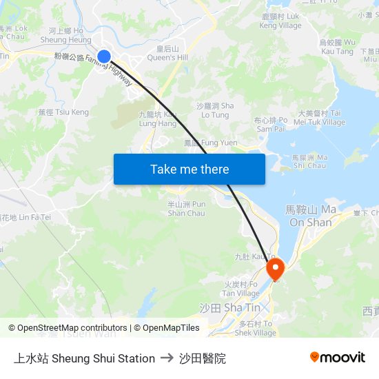 上水站 Sheung Shui Station to 沙田醫院 map