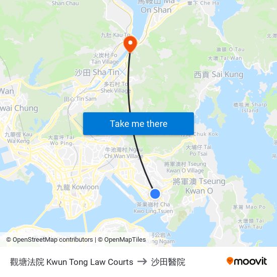 觀塘法院 Kwun Tong Law Courts to 沙田醫院 map