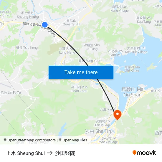 上水 Sheung Shui to 沙田醫院 map