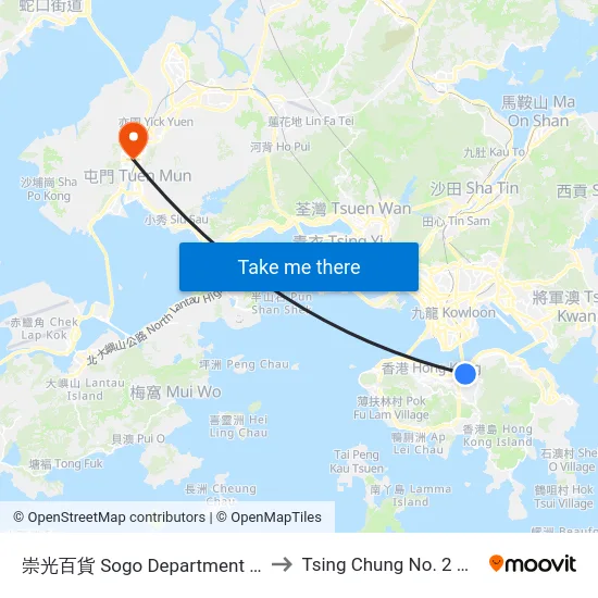崇光百貨 Sogo Department Store to Tsing Chung No. 2 Clinic map