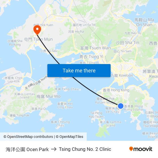 海洋公園 Ocen Park to Tsing Chung No. 2 Clinic map