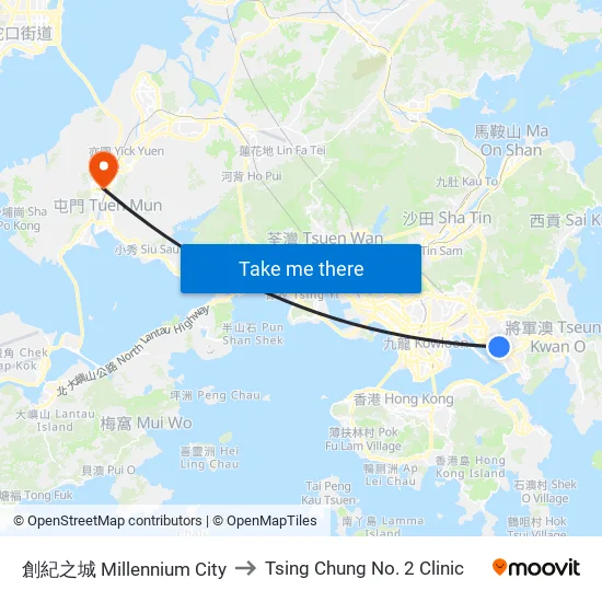 創紀之城 Millennium City to Tsing Chung No. 2 Clinic map