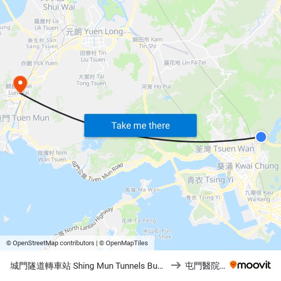 城門隧道轉車站 Shing Mun Tunnels Bus Interchange to 屯門醫院北門 map