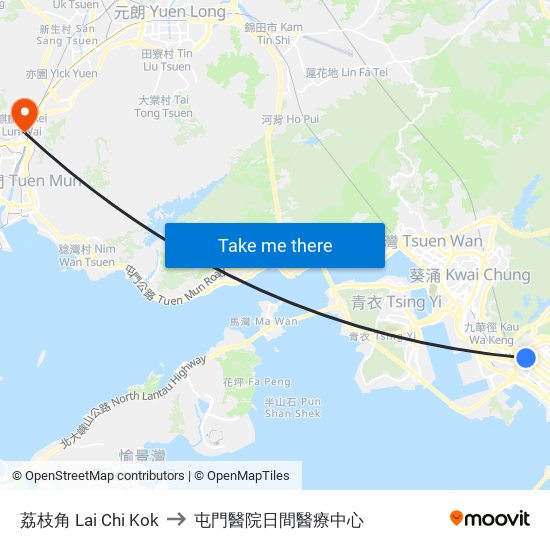 荔枝角 Lai Chi Kok to 屯門醫院日間醫療中心 map