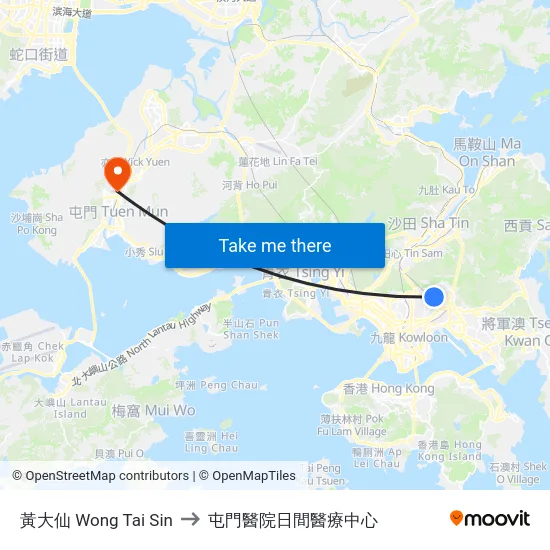 黃大仙 Wong Tai Sin to 屯門醫院日間醫療中心 map