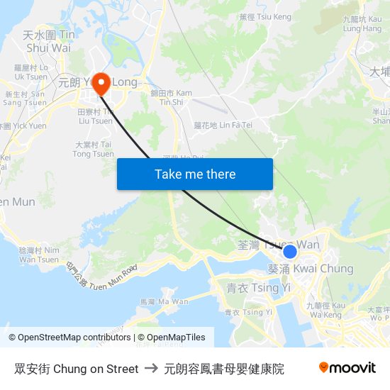 眾安街 Chung on Street to 元朗容鳳書母嬰健康院 map