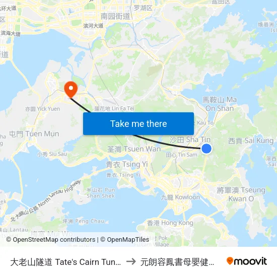 大老山隧道 Tate's Cairn Tunnel to 元朗容鳳書母嬰健康院 map