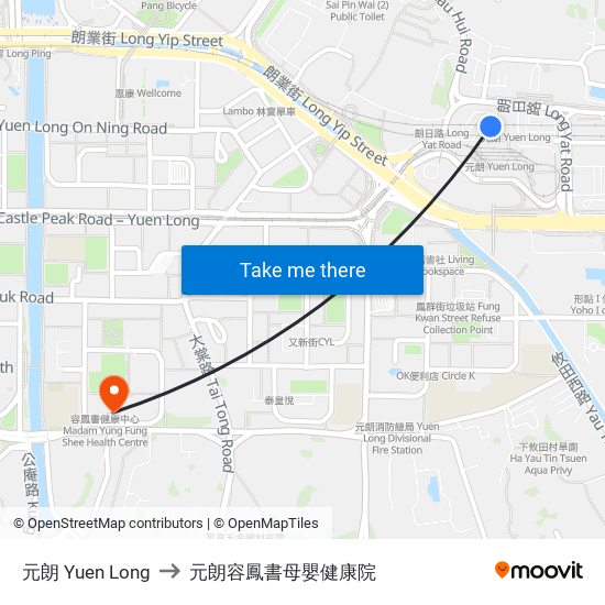 元朗 Yuen Long to 元朗容鳳書母嬰健康院 map