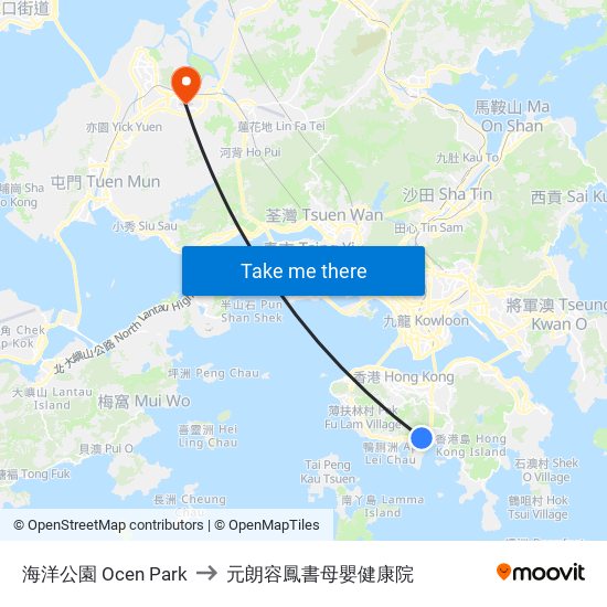 海洋公園 Ocen Park to 元朗容鳳書母嬰健康院 map