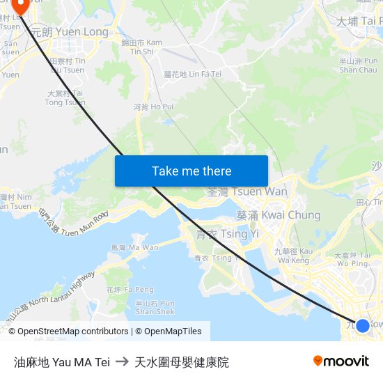 油麻地 Yau MA Tei to 天水圍母嬰健康院 map