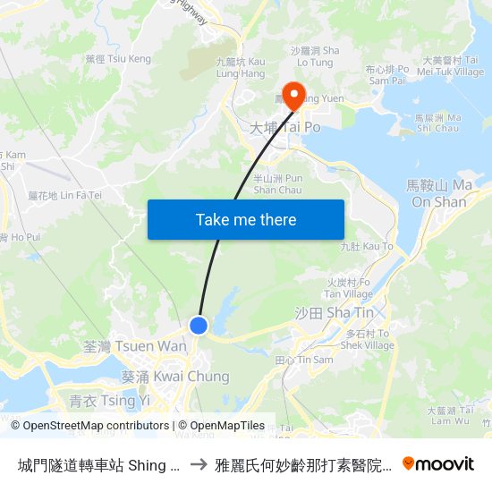 城門隧道轉車站 Shing Mun Tunnels Bus Interchange to 雅麗氏何妙齡那打素醫院-那打素中醫藥臨床研究服務中心 map