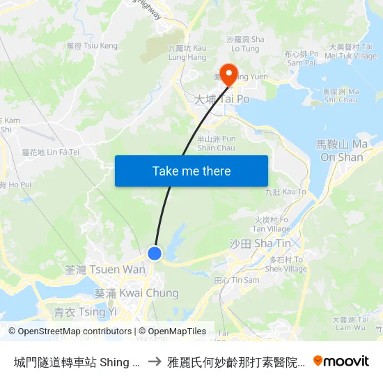 城門隧道轉車站 Shing Mun Tunnels Bus Interchange to 雅麗氏何妙齡那打素醫院-那打素中醫藥臨床研究服務中心 map