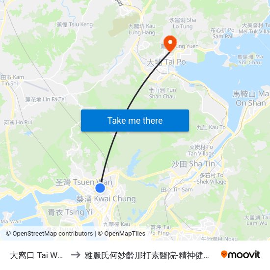 大窩口 Tai Wo Hau to 雅麗氏何妙齡那打素醫院-精神健康中心門診 map