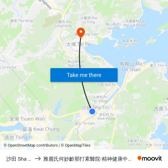 沙田 Sha Tin to 雅麗氏何妙齡那打素醫院-精神健康中心門診 map