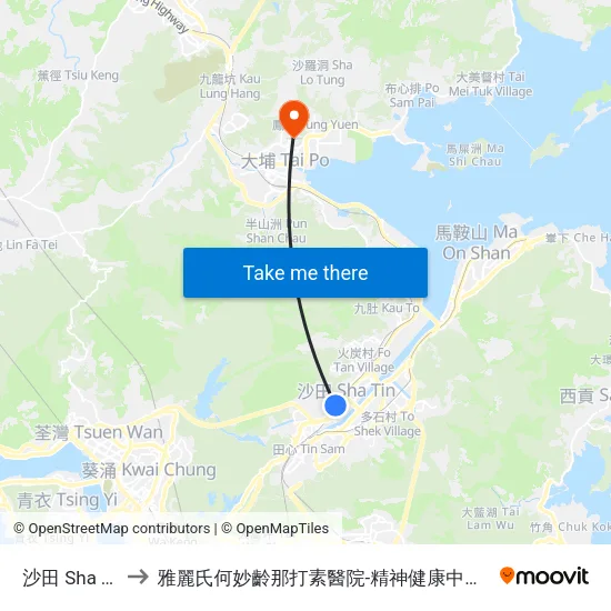 沙田 Sha Tin to 雅麗氏何妙齡那打素醫院-精神健康中心門診 map