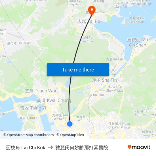 荔枝角 Lai Chi Kok to 雅麗氏何妙齡那打素醫院 map