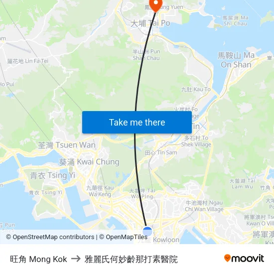 旺角 Mong Kok to 雅麗氏何妙齡那打素醫院 map