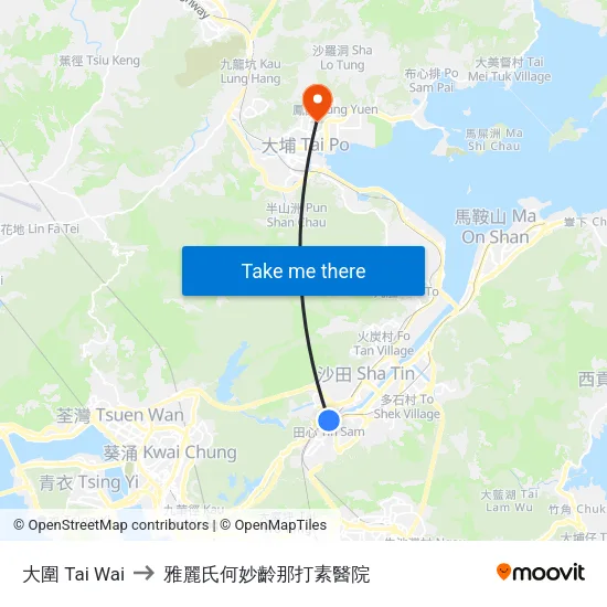 大圍 Tai Wai to 雅麗氏何妙齡那打素醫院 map