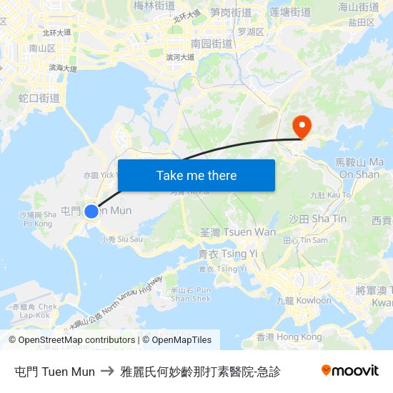 屯門 Tuen Mun to 雅麗氏何妙齡那打素醫院-急診 map