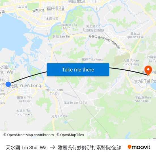 天水圍 Tin Shui Wai to 雅麗氏何妙齡那打素醫院-急診 map