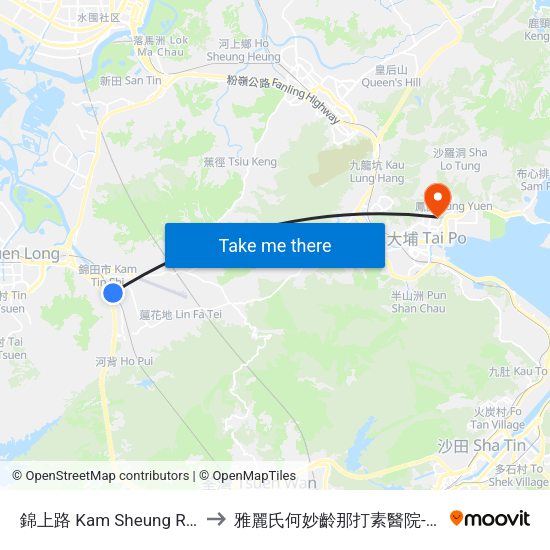 錦上路 Kam Sheung Road to 雅麗氏何妙齡那打素醫院-急診 map