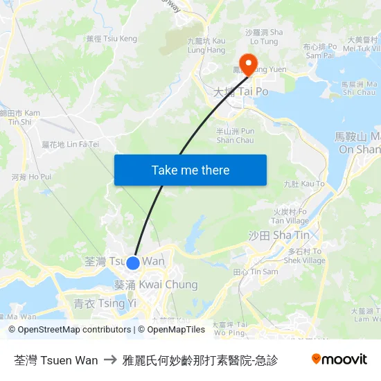荃灣 Tsuen Wan to 雅麗氏何妙齡那打素醫院-急診 map