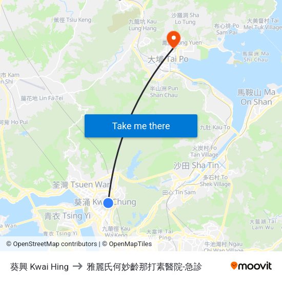 葵興 Kwai Hing to 雅麗氏何妙齡那打素醫院-急診 map