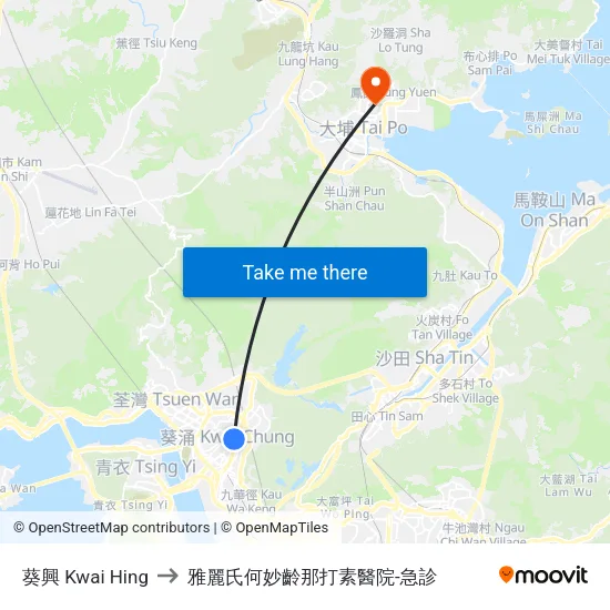 葵興 Kwai Hing to 雅麗氏何妙齡那打素醫院-急診 map