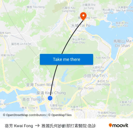 葵芳 Kwai Fong to 雅麗氏何妙齡那打素醫院-急診 map