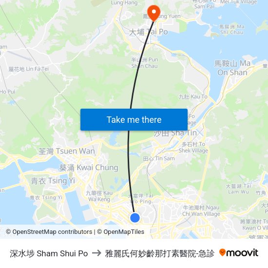 深水埗 Sham Shui Po to 雅麗氏何妙齡那打素醫院-急診 map