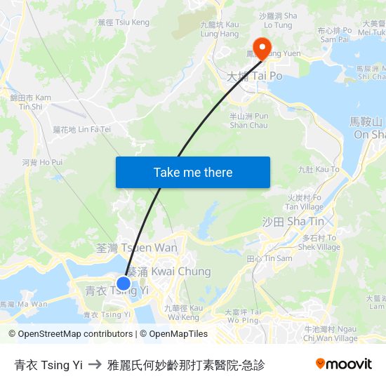 青衣 Tsing Yi to 雅麗氏何妙齡那打素醫院-急診 map