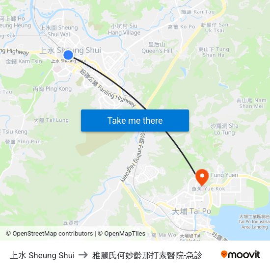上水 Sheung Shui to 雅麗氏何妙齡那打素醫院-急診 map