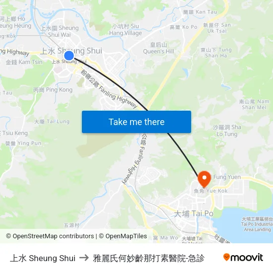 上水 Sheung Shui to 雅麗氏何妙齡那打素醫院-急診 map