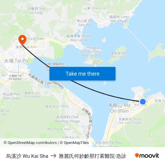 烏溪沙 Wu Kai Sha to 雅麗氏何妙齡那打素醫院-急診 map