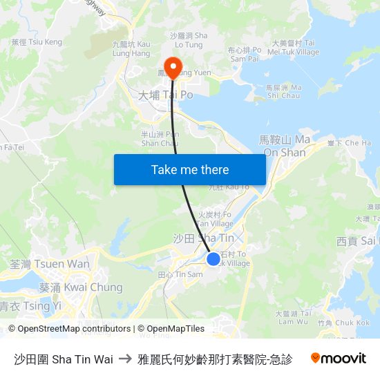 沙田圍 Sha Tin Wai to 雅麗氏何妙齡那打素醫院-急診 map
