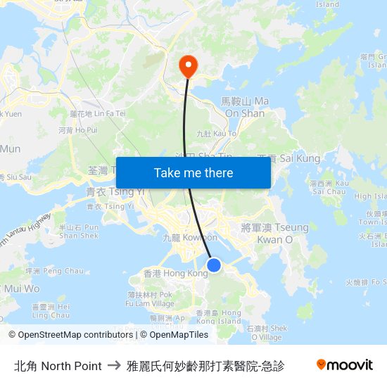 北角 North Point to 雅麗氏何妙齡那打素醫院-急診 map