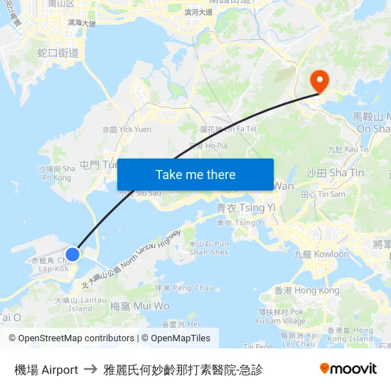 機場 Airport to 雅麗氏何妙齡那打素醫院-急診 map