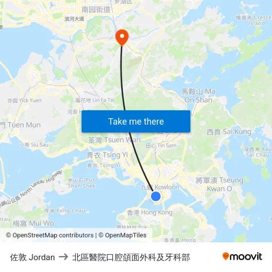 佐敦 Jordan to 北區醫院口腔頜面外科及牙科部 map