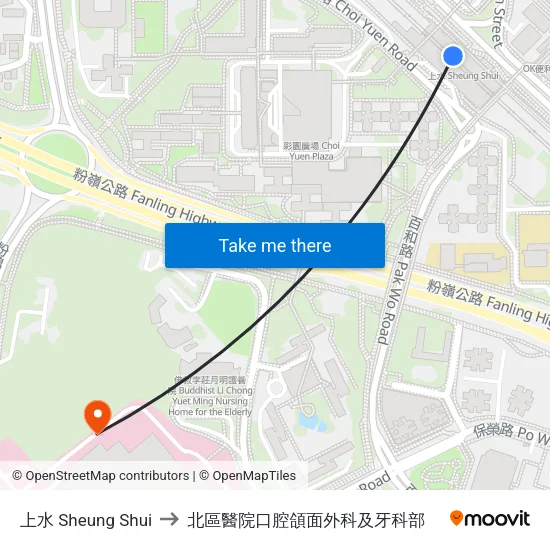 上水 Sheung Shui to 北區醫院口腔頜面外科及牙科部 map